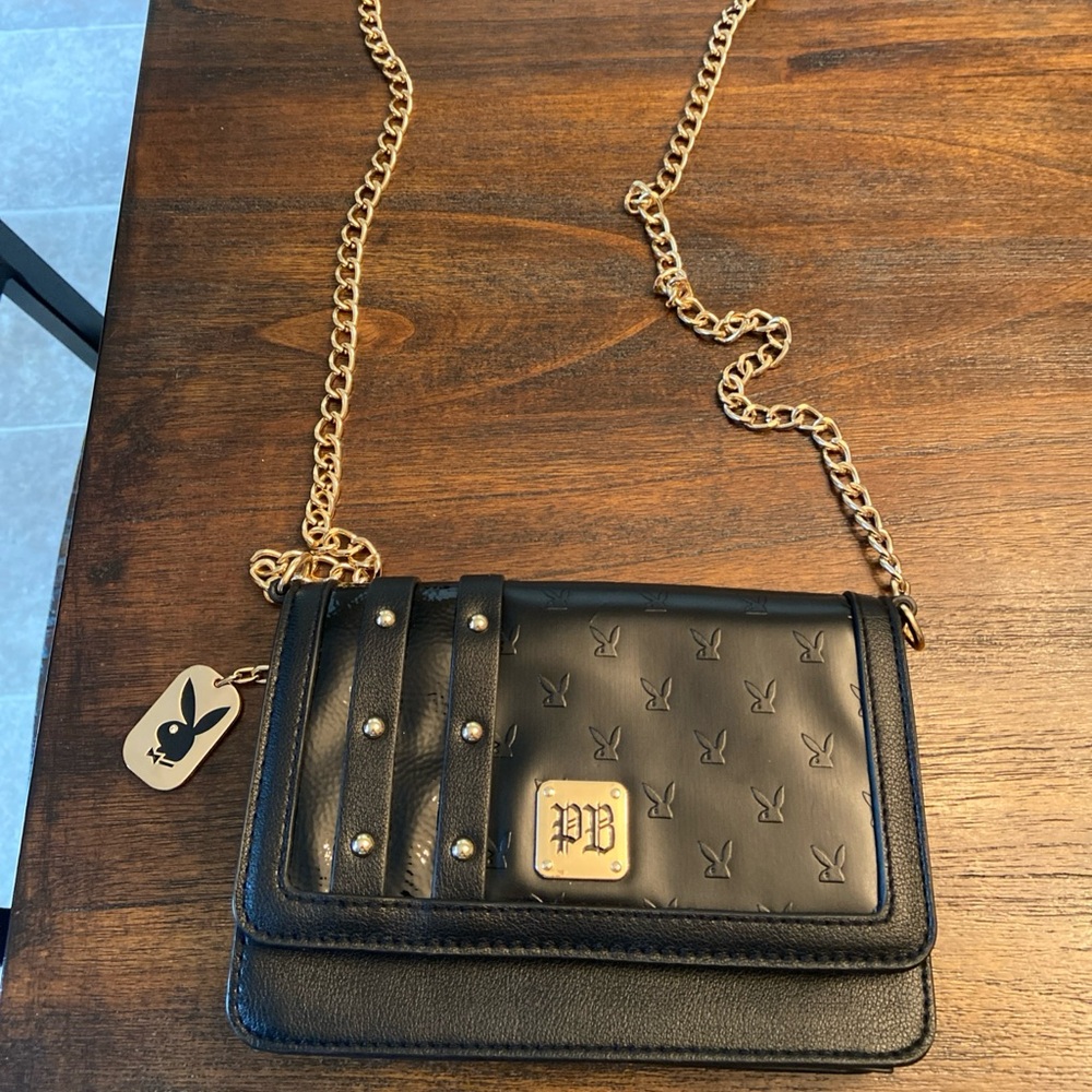 Playboy Brand Purse Clutch Embossed Bunny Logo Chain Strap Studded